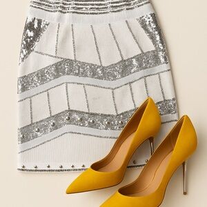 Silver & White Fully Embellished Sequin Skirt | M/L (25.5” Length)